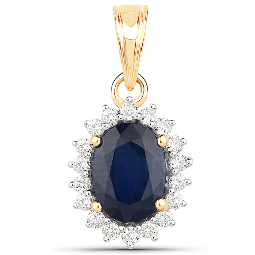 Sapphire-1.76 Carat Genuine Blue Sapphire and White Diamond 14K Yellow Gold Pendant