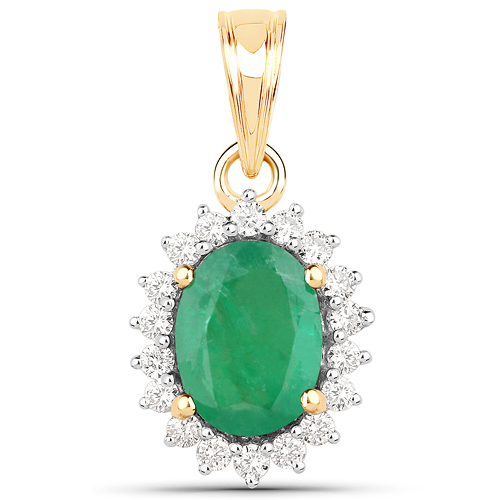 Emerald-1.42 Carat Genuine Zambian Emerald and White Diamond 14K Yellow Gold Pendant