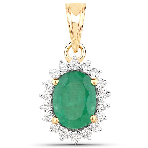 Emerald-1.47 Carat Genuine Zambian Emerald and White Diamond 14K Yellow Gold Pendant