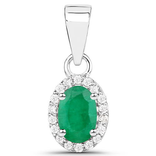 Emerald-0.53 Carat Genuine Zambian Emerald and White Diamond 14K White Gold Pendant