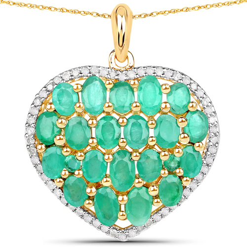 Emerald-3.44 Carat Genuine Emerald and White Diamond 14K Yellow Gold Pendant