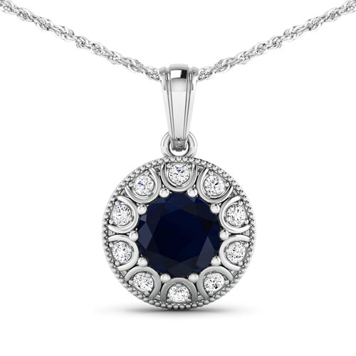 Sapphire-2.55 Carat Genuine Blue Sapphire and White Diamond 14K White Gold Pendant