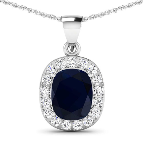 Sapphire-3.81 Carat Genuine Blue Sapphire and White Diamond 14K White Gold Pendant