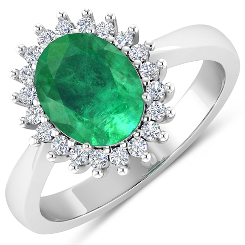 Emerald-1.39 Carat Genuine Zambian Emerald  and White Diamond 14K White Gold Ring