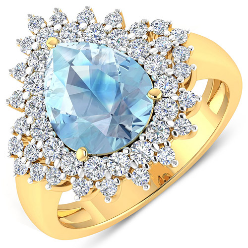 Rings-3.19 Carat Genuine Aquamarine and White Diamond 14K Yellow Gold Ring