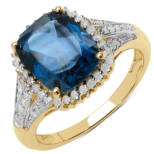 Rings-3.78 Carat Genuine Blue Topaz & White Diamond 10K Yellow Gold Ring