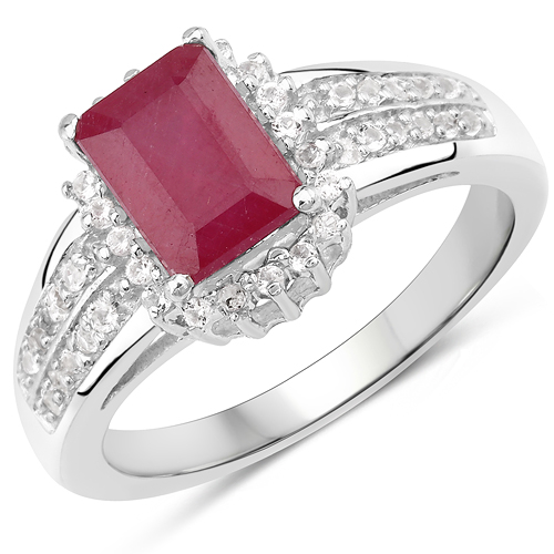 Ruby-1.40 Carat Glass Filled Ruby and White Topaz .925 Sterling Silver Ring