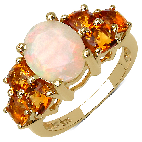 Opal-14K Yellow Gold Plated 3.30 Carat Genuine Ethiopian Opal and Citrine .925 Sterling Silver Ring