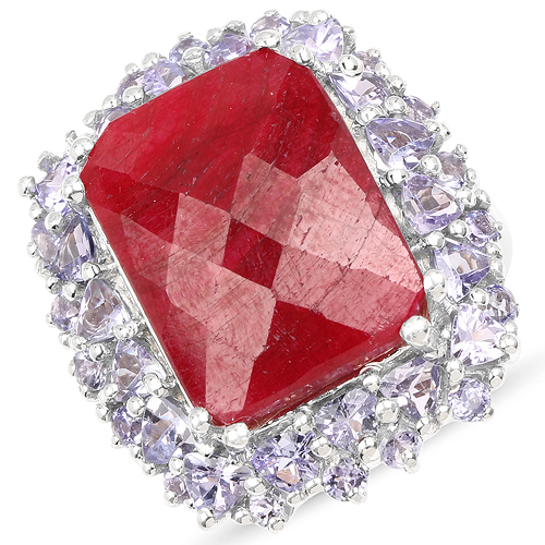 Ruby-15.13 Carat Dyed Ruby & Tanzanite .925 Sterling Silver Ring