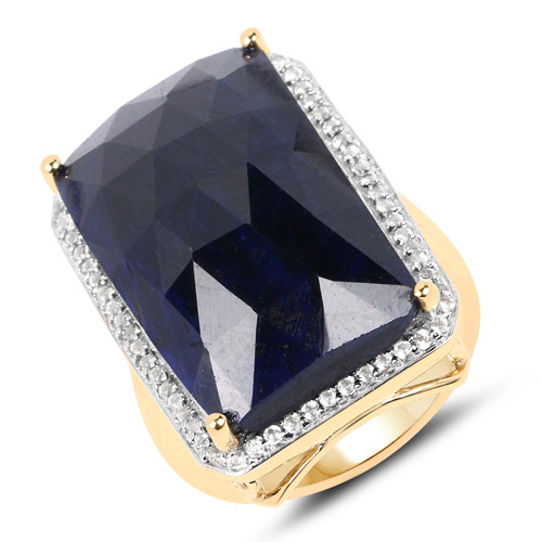 Sapphire-18K Yellow Gold Plated 25.41 Carat Dyed Sapphire and White Topaz .925 Sterling Silver Ring