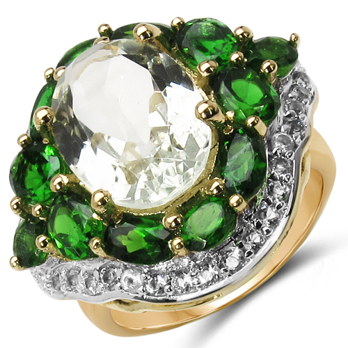 Amethyst-18K Yellow Gold Plated 8.98 Carat Genuine Green Amethyst, Chrome Diopside & White Topaz .925 Sterling Silver Ring