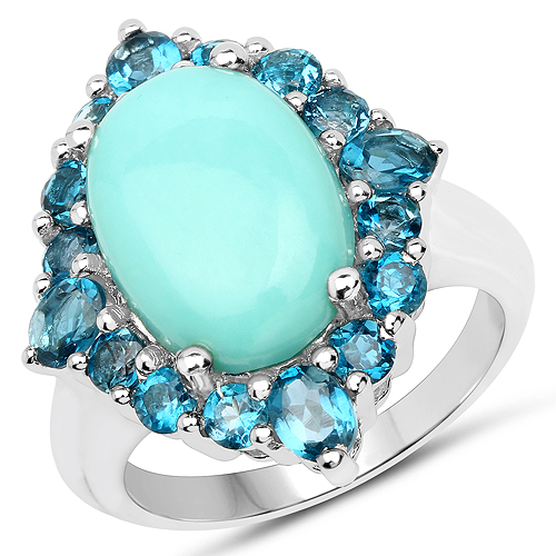 6.63 Carat Genuine Turquoise and London Blue Topaz .925 Sterling Silver Ring
