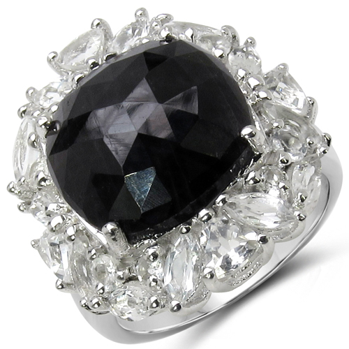 Rings-12.92 Carat Genuine Black Onyx and White Topaz .925 Sterling Silver Ring