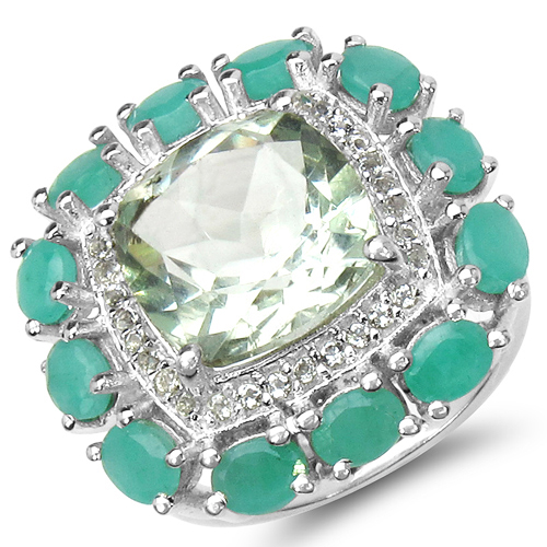 Amethyst-7.29 Carat Genuine Green Amethyst, Emerald & White Topaz .925 Sterling Silver Ring