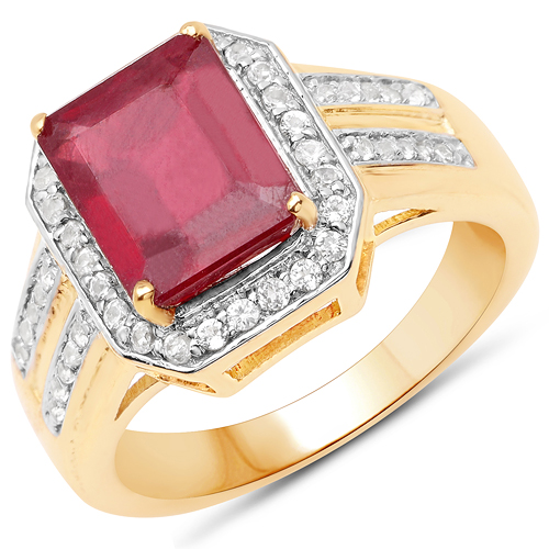 Ruby-14K Yellow Gold Plated 4.61 Carat Glass Filled Ruby and White Topaz .925 Sterling Silver Ring