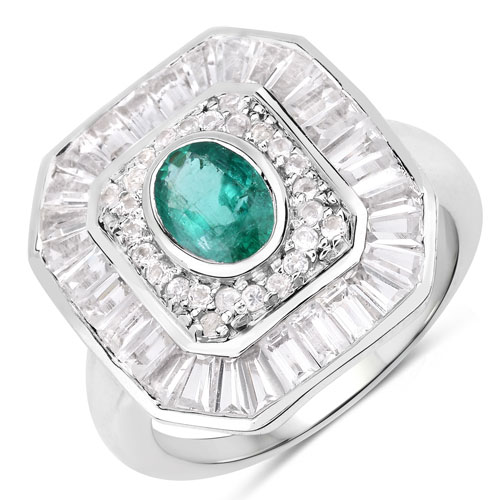 Emerald-3.14 Carat Genuine Zambian Emerald and White Topaz .925 Sterling Silver Ring