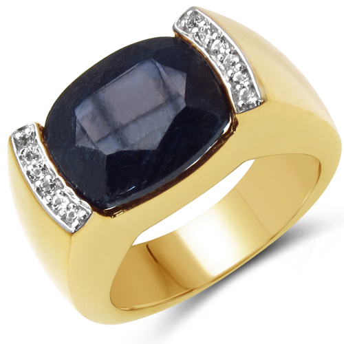 Sapphire-14K Yellow Gold Plated 9.07 Carat Genuine Sapphire & White Topaz .925 Sterling Silver Ring
