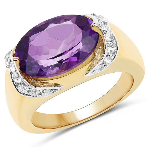 Amethyst-14K Yellow Gold Plated 4.98 Carat Genuine Amethyst and White Topaz .925 Sterling Silver Ring
