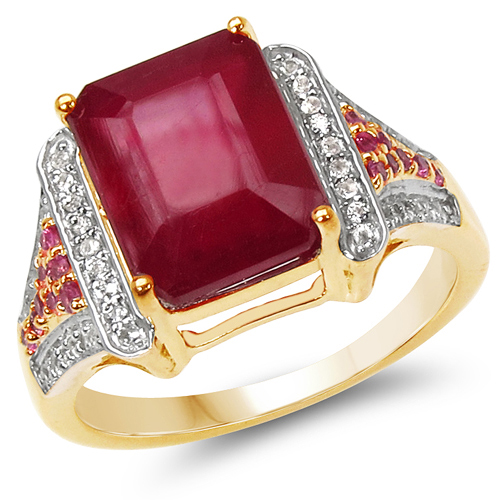 Ruby-14K Yellow Gold Plated 6.08 Carat Genuine Glass Filled Ruby, Pink Sapphire & White Topaz .925 Sterling Silver Ring