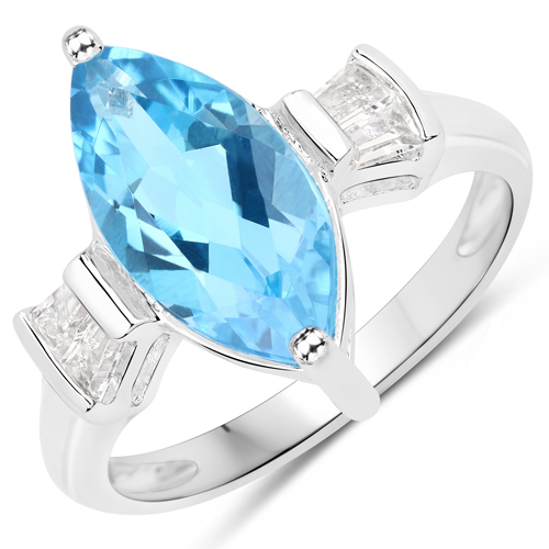 Rings-3.35 Carat Genuine Swiss Blue Topaz and White Topaz .925 Sterling Silver Ring