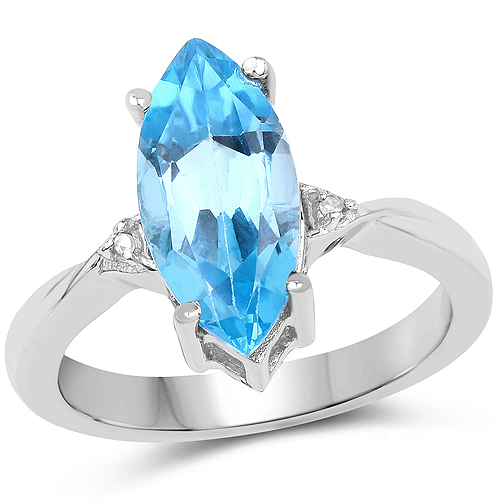 Rings-3.67 Carat Genuine Swiss Blue Topaz and White Diamond .925 Sterling Silver Ring