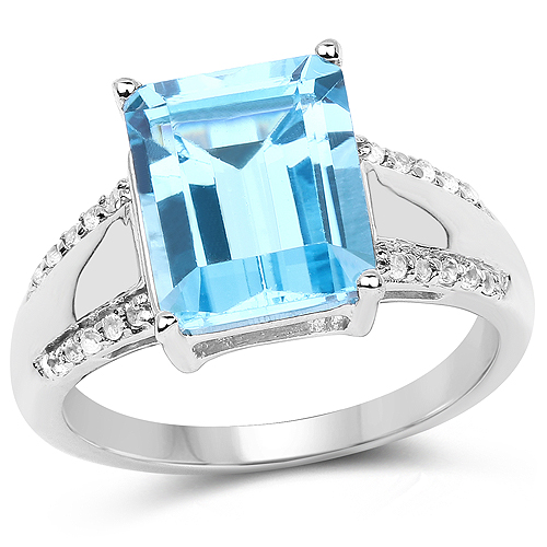 Rings-5.78 Carat Genuine Swiss Blue Topaz and White Topaz .925 Sterling Silver Ring