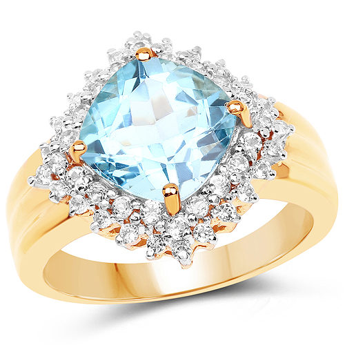 Rings-14K Yellow Gold Plated 4.33 Carat Genuine Swiss Blue Topaz and White Topaz .925 Sterling Silver Ring