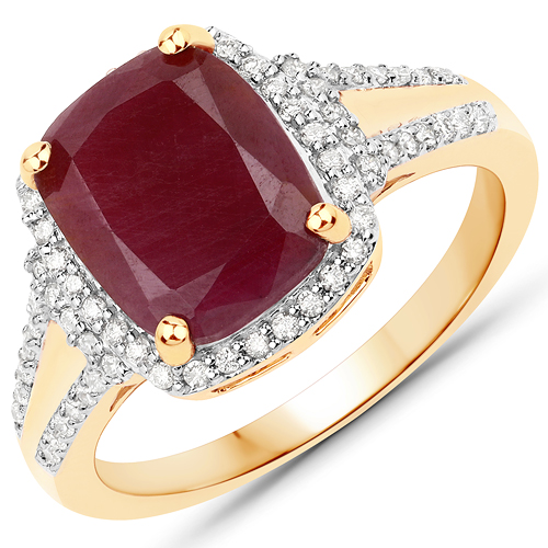 Ruby-3.97 Carat Genuine Ruby and White Diamond 14K Yellow Gold Ring