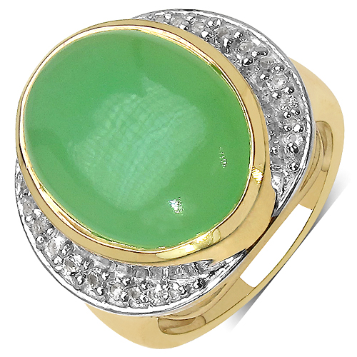 Rings-14K Yellow Gold Plated 11.33 Carat Genuine Prehnite & White Topaz .925 Sterling Silver Ring