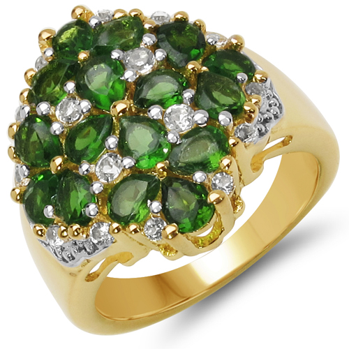 Rings-18K Yellow Gold Plated 2.80 Carat Genuine Chrome Diopside & White Topaz .925 Sterling Silver Ring