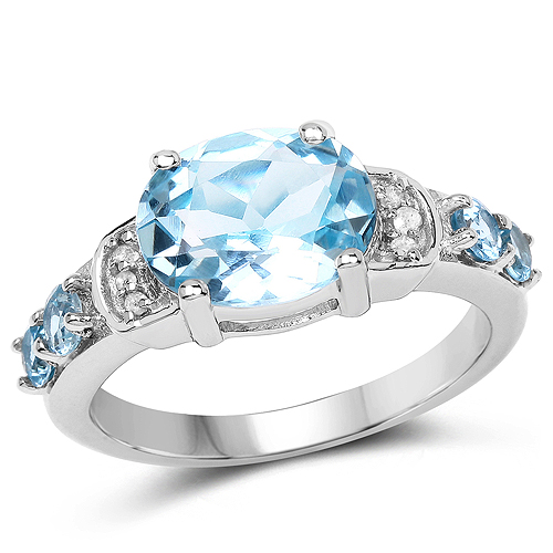 Rings-3.06 Carat Genuine Blue Topaz and White Diamond .925 Sterling Silver Ring