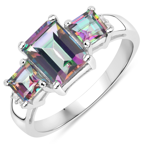 Rings-3.02 Carat Genuine Rainbow Quartz and White Topaz .925 Sterling Silver Ring