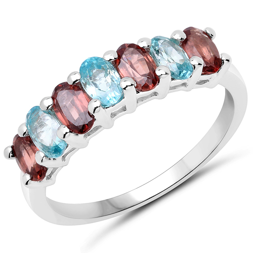 Rings-2.39 Carat Genuine Rassberry Zircon and Blue Zircon .925 Sterling Silver Ring