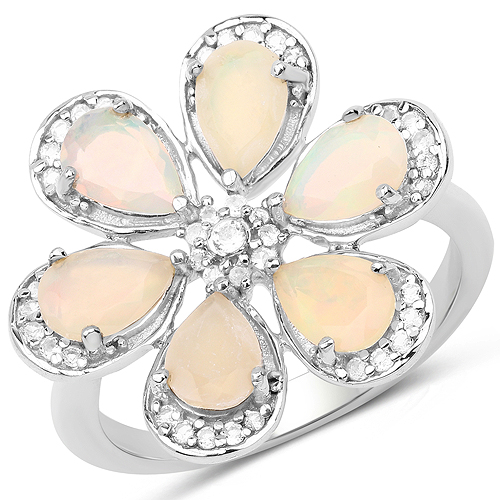 Opal-1.71 Carat Genuine Ethiopian Opal and White Topaz .925 Sterling Silver Ring Ring