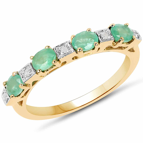 Emerald-14K Yellow Gold Plated 0.59 Carat Genuine Emerald and White Diamond .925 Sterling Silver Ring