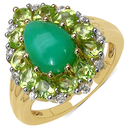 14K Yellow Gold Plated 4.20 Carat Genuine Crysopharse Peridot & White Topaz .925 Sterling Silver Ring
