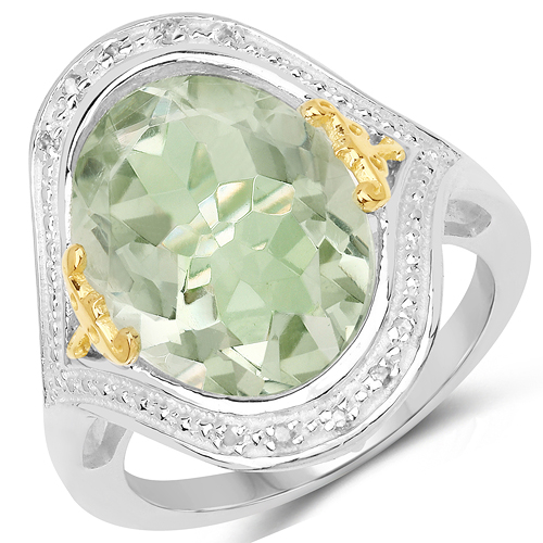 Amethyst-7.95 Carat Genuine Green Amethyst & White Diamond .925 Sterling Silver Ring
