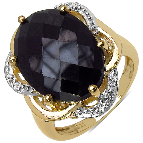 Rings-14K Yellow Gold Plated 13.82 Carat Genuine Black Spinel .925 Sterling Silver Ring