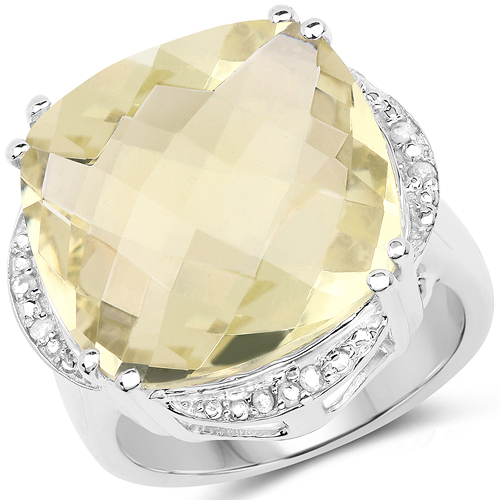 Rings-13.05 Carat Genuine Lemon Quartz & White Diamond .925 Sterling Silver Ring