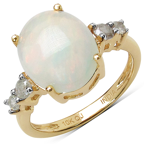 Opal-3.45 Carat Genuine Ethiopian Opal and White Diamond 10K Yellow Gold Ring
