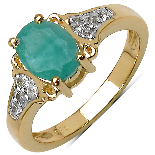 Emerald-14K Yellow Gold Plated 1.24 Carat Genuine Emerald & White Topaz .925 Sterling Silver Ring