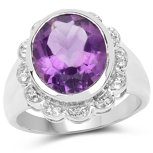 Amethyst-4.04 Carat Genuine Amethyst and White Topaz .925 Sterling Silver Ring