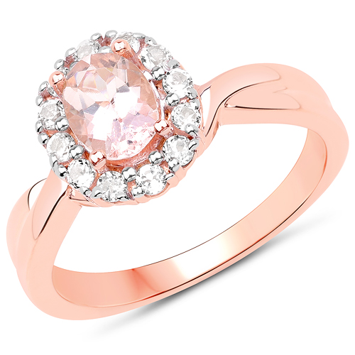 Rings-14K Rose Gold Plated 1.08 Carat Genuine Morganite and White Topaz .925 Sterling Silver Ring