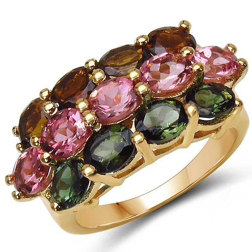 Rings-14K Yellow Gold Plated 4.58 Carat Genuine Multi Tourmaline .925 Sterling Silver Ring