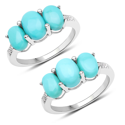 Rings-2.97 Carat Genuine Turquoise and White Zircon .925 Sterling Silver Ring