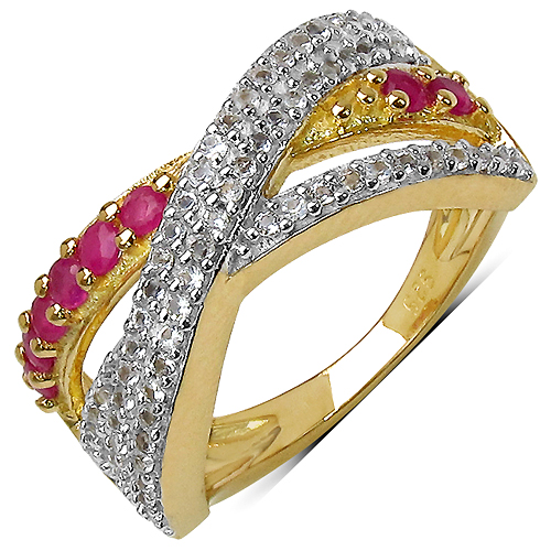 Ruby-14K Yellow Gold Plated 0.70 Carat Genuine Ruby & White Topaz .925 Sterling Silver Ring