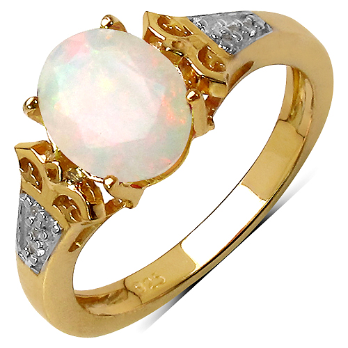 Rings-14K Yellow Gold Plated 0.94 Carat Genuine Ethiopian Opal .925 Sterling Silver Ring