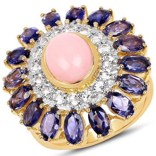14K Yellow Gold Plated 5.44 Carat Genuine Pink Opal, Iolite And White Topaz .925 Sterling Silver Ring