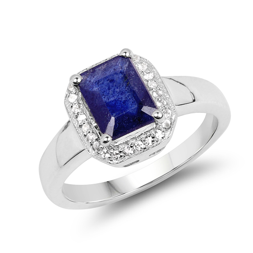 Sapphire-2.63 Carat Genuine Glass Filled Sapphire & White Topaz .925 Sterling Silver Ring