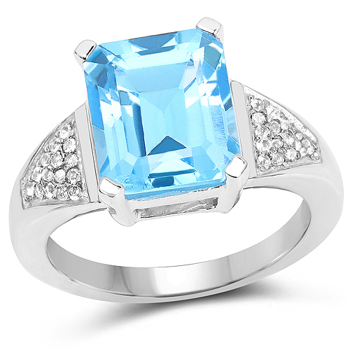Rings-5.75 Carat Genuine Swiss Blue Topaz and White Topaz .925 Sterling Silver Ring
